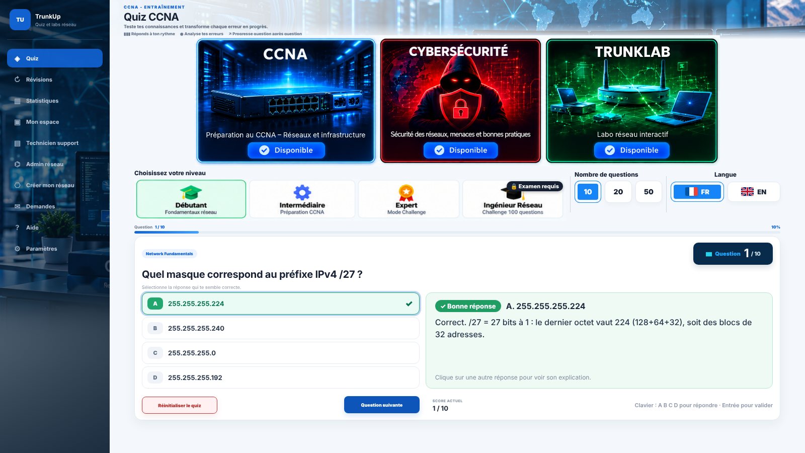 Une question du quiz CCNA avec l'explication de la bonne réponse affichée à droite